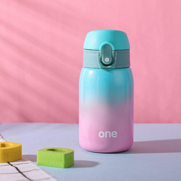 Vattenflaska för barn, dubbelvägg vakuumisolerad flaska i rostfritt stål för 24 timmars kylning & 12 timmar Håll varm grön-rosa