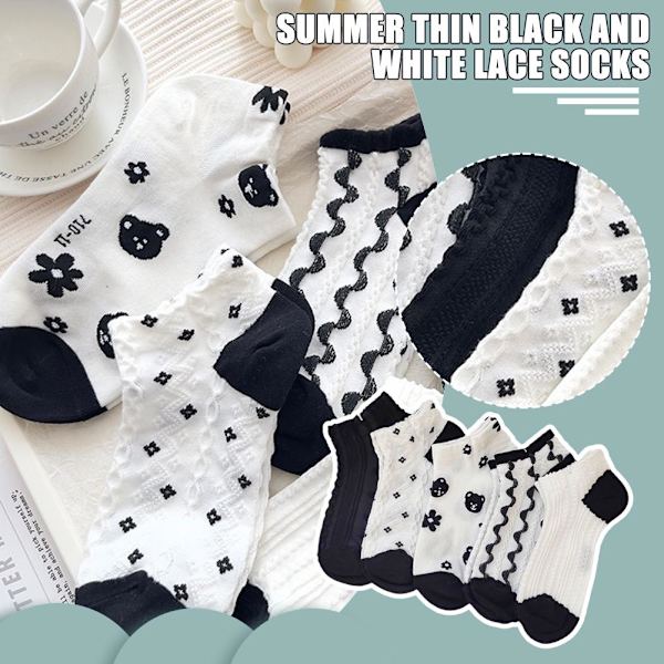 Dame Sommer Tynde Blomstersokker Sort-hvide Korte Ankelsokker Black one size
