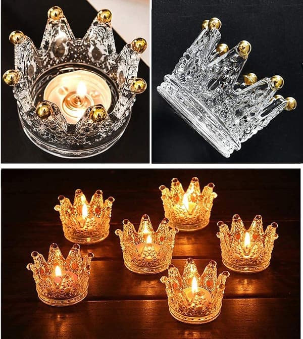 Ljushållare Set med 6 Crown Glas värmeljusljusstake för bröllop, fest och heminredning