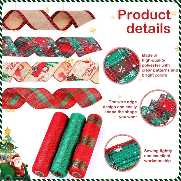 7 Rolls Christmas Ribbon Christmas Mesh Ribbon Röd Grön Pläd Jul