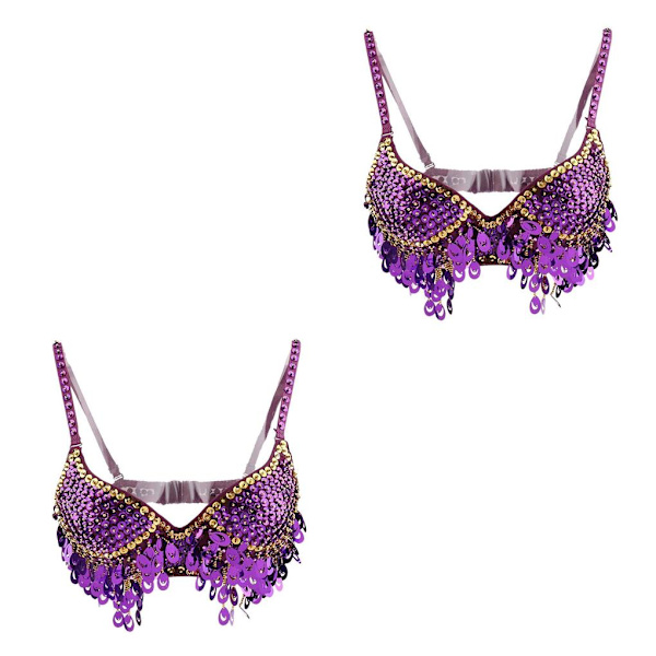 1/2/3 Magdans Perlebesatt BH Paljetter Topp Sexy Dansende Sanger Purple 36 Size 2PCS