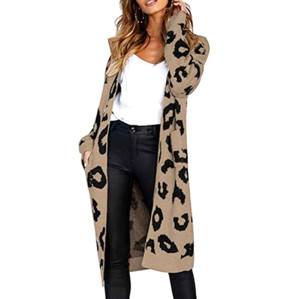 Dam Långärmad Öppen Front Leopard Stickad Maxi Cardigan Sweater Khaki XL