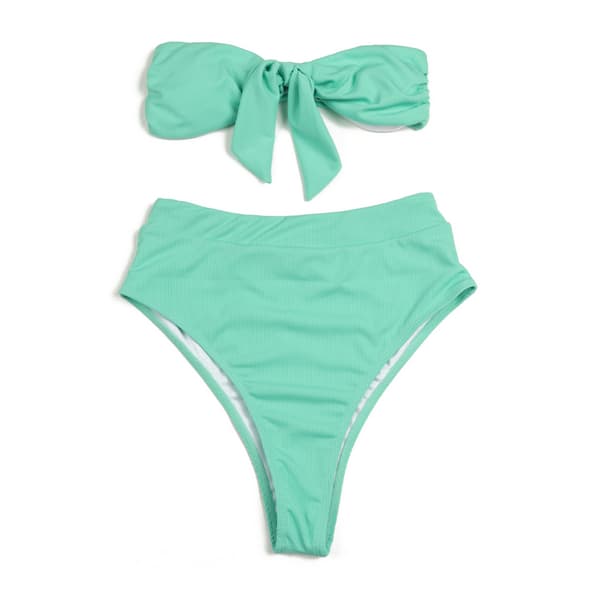 Dame Print Bandeau Bikini Sett High Cut Stroppeløs Knute