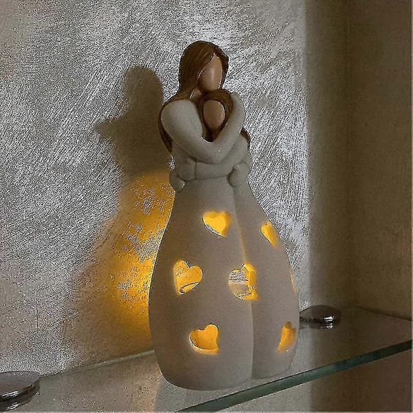 Mor og Datter Lysestake Resin Dekorativ Statue Ornament Med LED