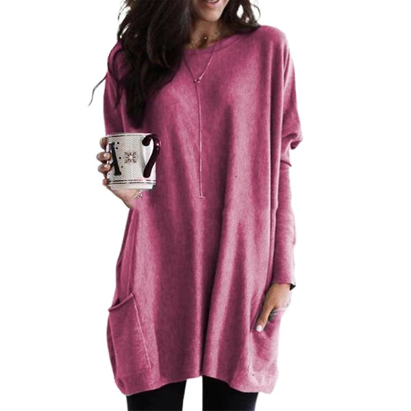 Kvinnor Vanlig långärmad oversize T-shirtklänning med rund hals, Baggy Tunika Långa toppar Plus Size Red M