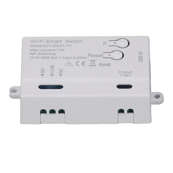 WiFi relébryter 1-kanals stemmestyring APP fjernkontroll trådløs brytermodul for lampevifteuttak 7-32V USB 5V