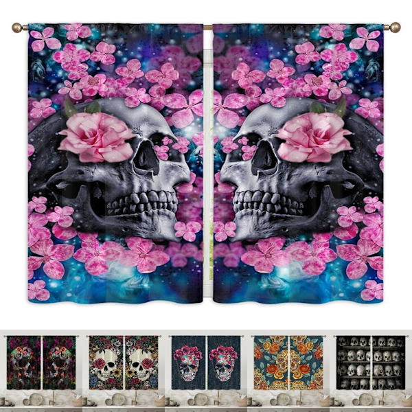 Köksgardiner Skull Halloween Topper Kort Panel Dekor Draperier Style-6 W:28"x H:47"*2 Panels
