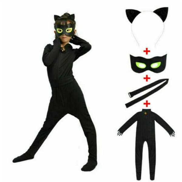 Cosplay Cat Noir Børne Bodysuit Sort Kat Halloween Sæt W XL M