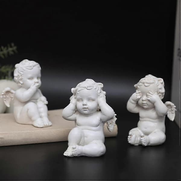 3 stk Vis engelstatue i harpiks, ser intet ondt, hører intet ondt, sier intet ondt