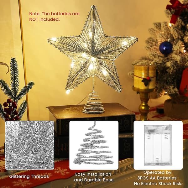 Christmas Star Tree Topper, Silver Glitter 3d Star Tree Top Med Led-ljus För Julgran