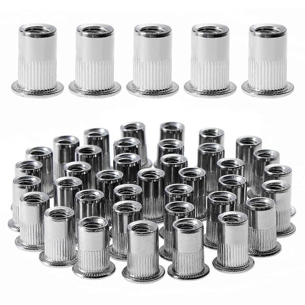 100 stk M6 Flathodet Gjenget Naglemutter, 304 Rustfritt Stål Gjengede Naglemuttere, Gjengede Innsatser Sortiment for Metall (12mm*15mm)