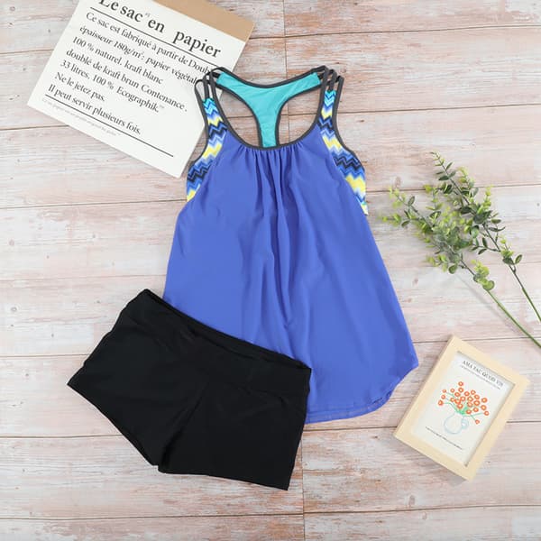 Damebluse stripete trykt Strappy T-Back Push up Tankini-topp med shorts，S
