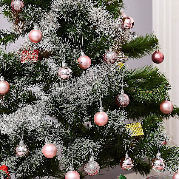 24 vaaleanpunaista joulupalloa, matta- ja glitterikoristeet