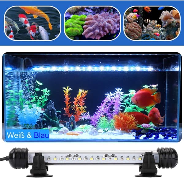 19 cm for akvarium, vanntett og nedsenkbar rørlampe, LED-belysning for akvarium, 2,8W, blå og hvit