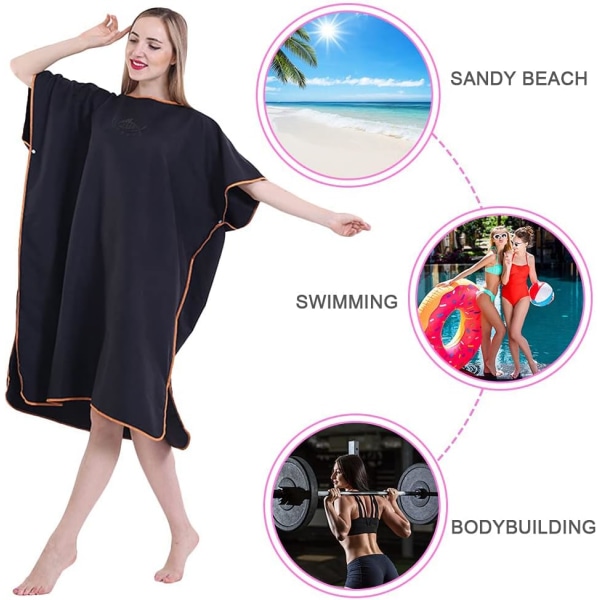 Byteskåp Huva Ponchohandduk Snabbtork Lätt byteshandduk Extra lång i mikrofiber Surf Poncho Universal (svart)