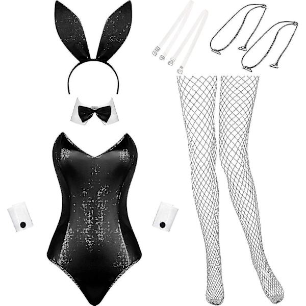 Kaninkostym Damunderkläder och svansar Bodysuit Rollspel Set för Halloween Juldräkt White and Black XL