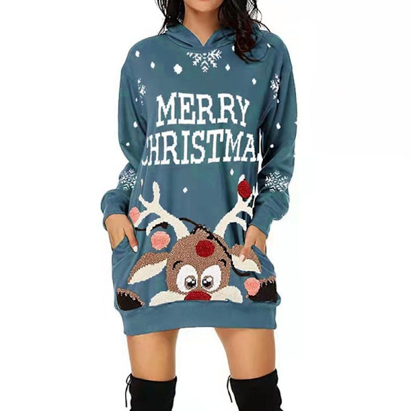 Kvinnor printed långärmad Pocket Hooded Sweater Dress blå 3XL