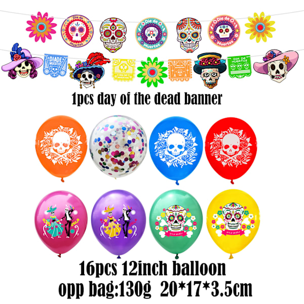 2-PACK Mexikansk Day of the Dead Animal Skull Ballong Flagga Flagga Day of the Dead Dekorationstillbehör för Halloweenfest 10 rose red