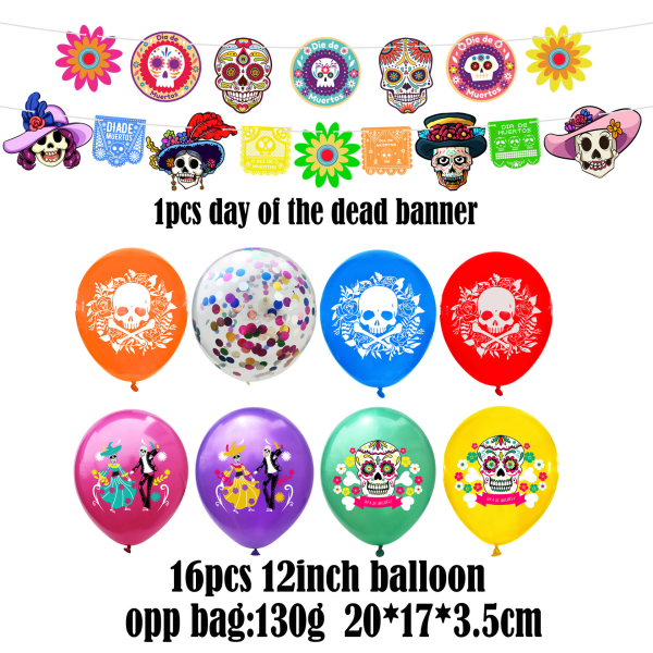 2-PACK Mexikansk Day of the Dead Animal Skull Ballong Flagga Flagga Day of the Dead Dekorationstillbehör för Halloweenfest 8 mixed colors