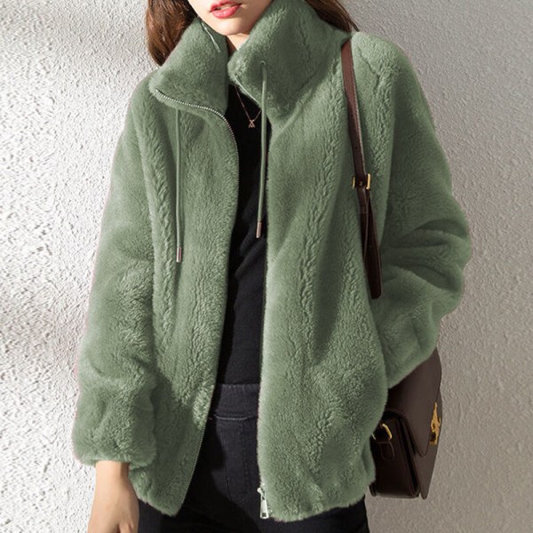 Dam fleece fluffig Teddy Bear Coat Plain Pocket Jacka Ytterkläder Grön 3XL