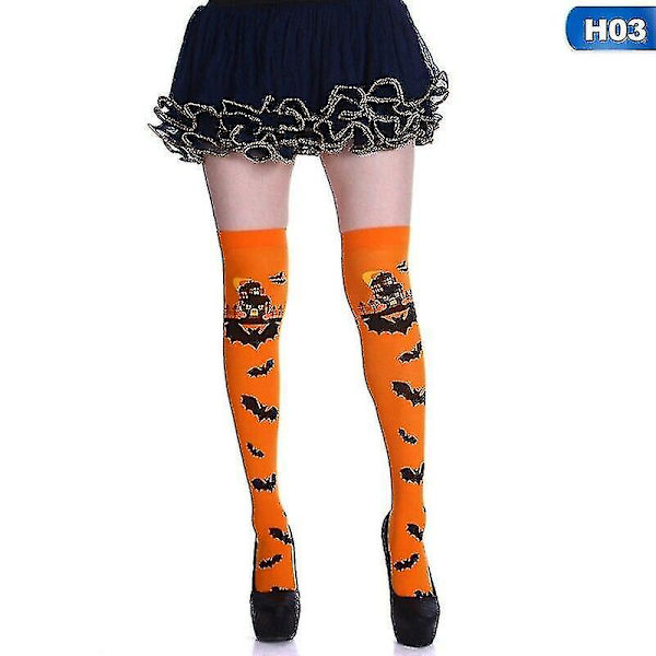 Retro Sjov Halloween Skelet Lang Knæhøj Kostume Flagermus Print Haloween Blød Strømpe