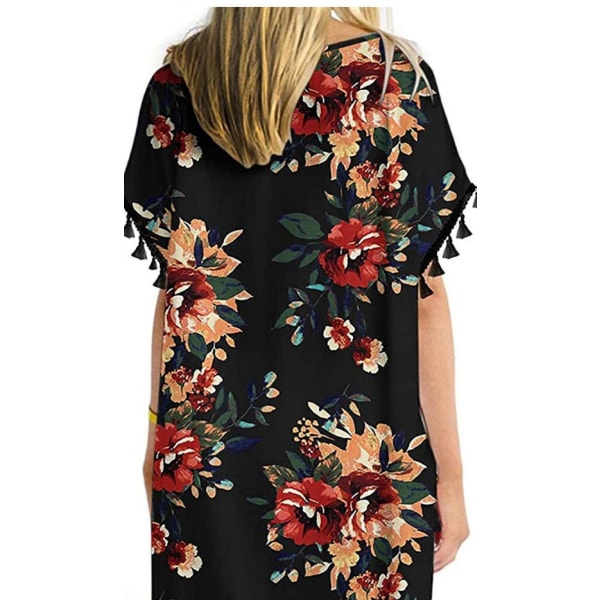 Baddräkt i chiffong för damer Strandbaddräkt Cover för badkläder --- Black Flower Lsize L (FMY)