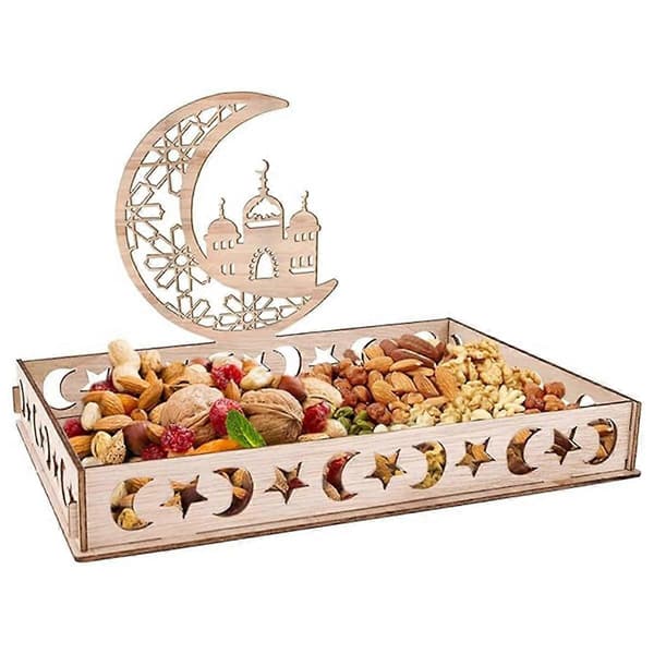 Ramadan Tallerken Eid Mubarak Bakke Træbakke Borddekoration til Dessert Snacks Serveringsbakke med Måne- og Stjernemønster