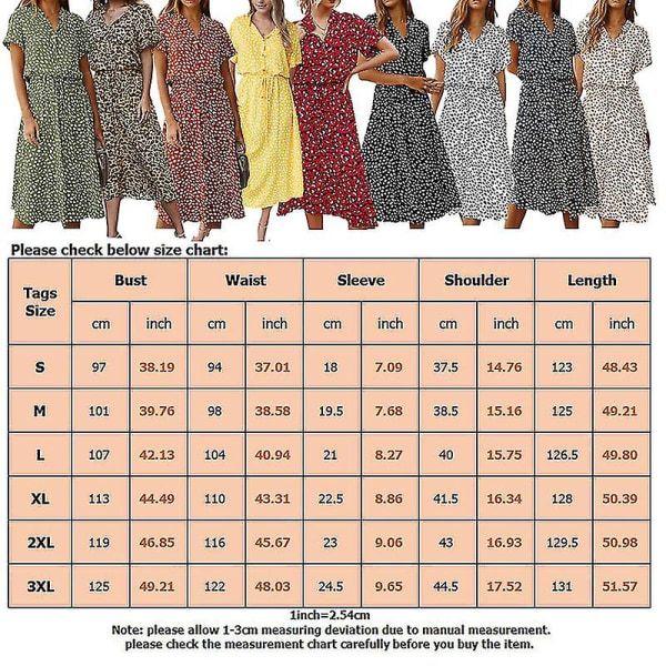 Kvinnor kortärmad lång klänning Casual Holiday Summer Beach Sundress Knappar Midi-klänningar Khaki 3XL