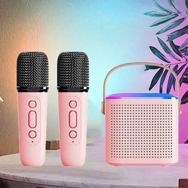 Kannettava Bluetooth 5.3 -kaiutinjärjestelmä 2 langattomalla mikrofonilla, kotilaulukaiutin, vaaleanpunainen