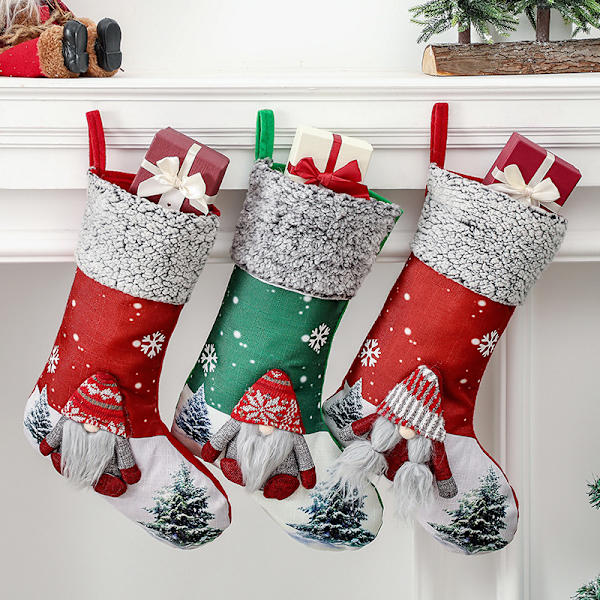 Julstrumpor 3-pack, 18" Stor 3D Gnome Tomte Juldekor