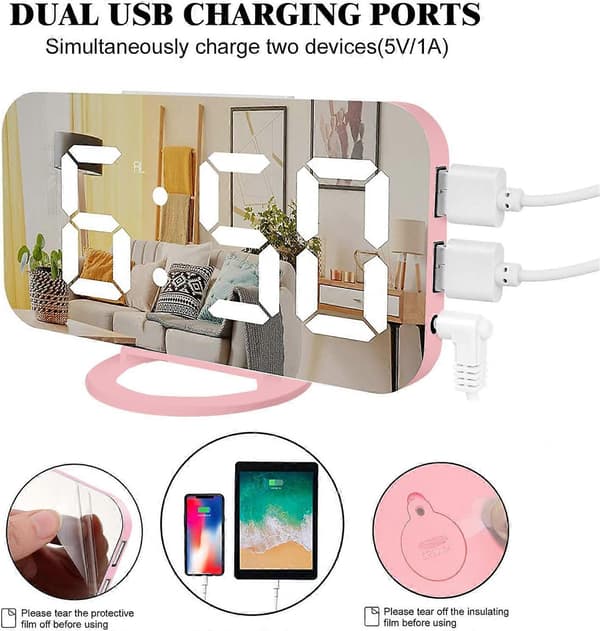 Digitaalinen herätyskello, suuri LED-peilinäyttö, 2 USB-latausporttia