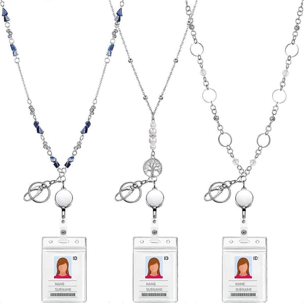 3 sæt udtrækkelige badge-rulle-lanyards med ID-holder, perle-lanyard