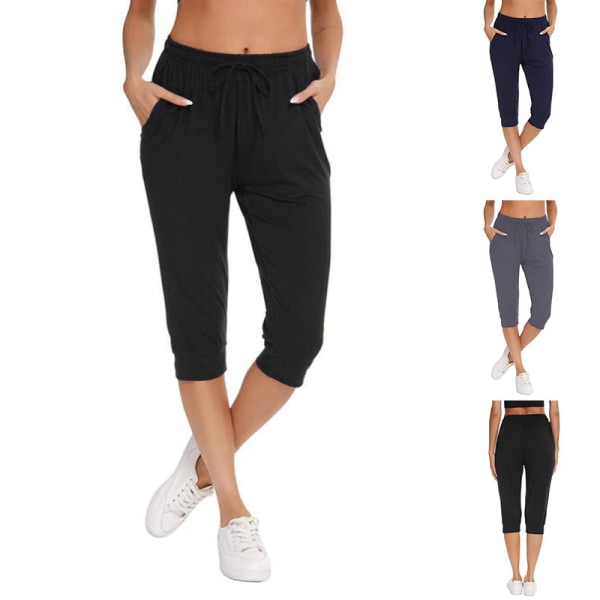 Dame Capri Bukser Elastisk midje Ensfarget Yoga bomull Bukser Navy Blue XL
