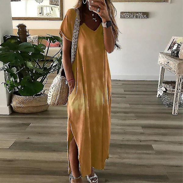 Kvinder Kortærmet Lang Kjole Casual Holiday Maxikjoler V-hals Sommer Strand Sommerkjole Yellow XL