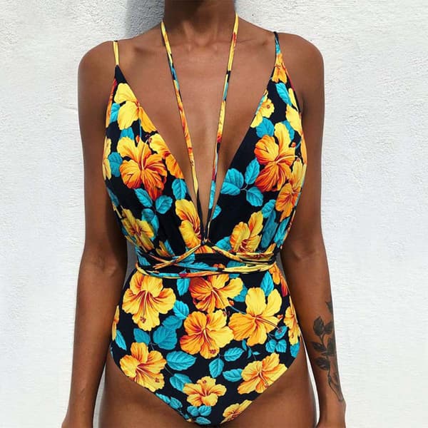 Kvinder V-hals Udskåret Bikini Multi-Way Bandage Monokini Boho Blomster Badedragt 1 XL