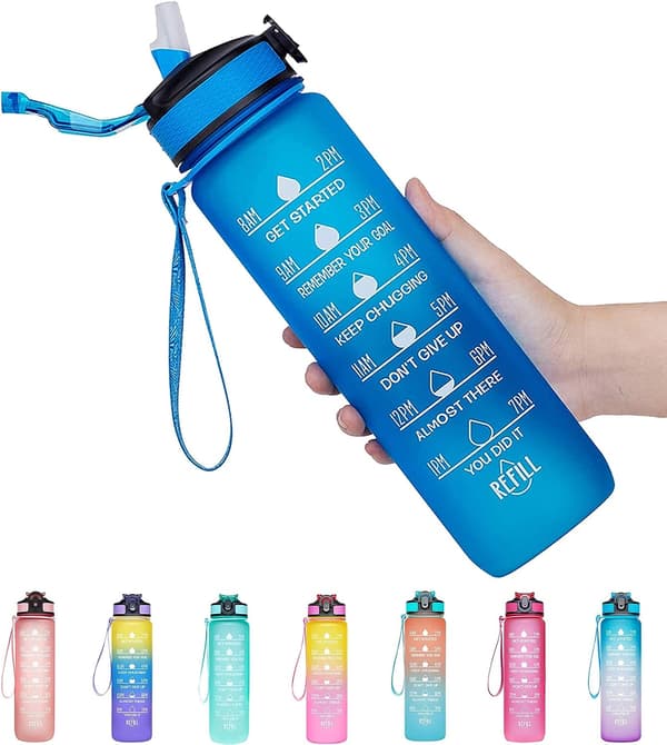 Vattenflaska med sugrör, 32 oz vattenflaska med tidsmarkörer, 1 Blue