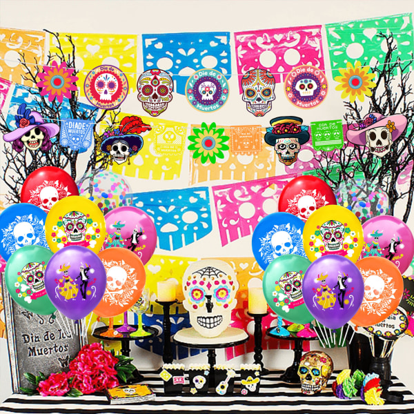 2-PACK Mexikansk Day of the Dead Animal Skull Ballong Flagga Flagga Day of the Dead Dekorationstillbehör för Halloweenfest 10 oranges