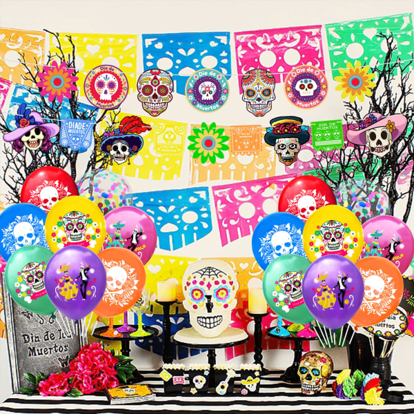 2-PACK Mexikansk Day of the Dead Animal Skull Ballong Flagga Flagga Day of the Dead Dekorationstillbehör för Halloweenfest cake insert set