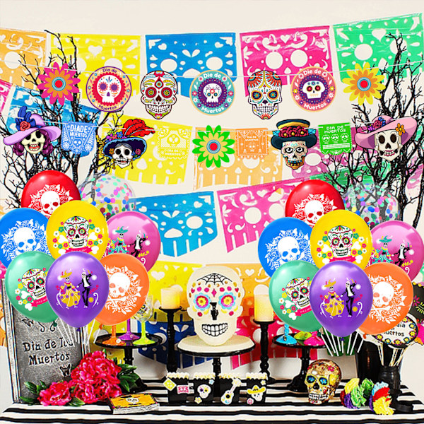 2-PACK Mexikansk Day of the Dead Animal Skull Ballong Flagga Flagga Day of the Dead Dekorationstillbehör för Halloweenfest cake insert set