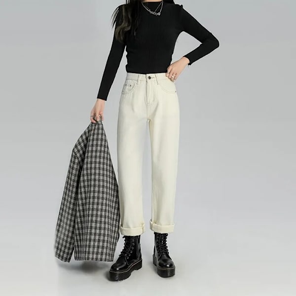 FINORD Korkea vyötärö Rento Baggy-farkut Naiset Korealaiset syysfarkut Streetwear Harajuku Vintage Talvi Suorat farkut Beige M