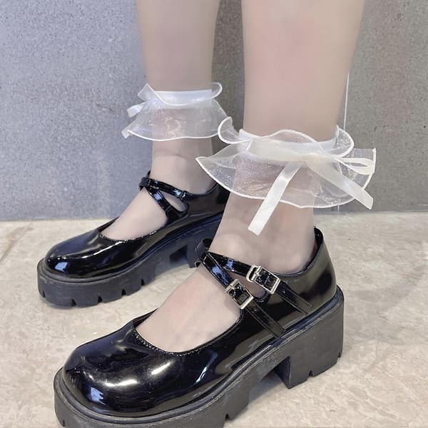 Kvinder Søde Puffy Flæse Ankelstrømper Lolita Sløjfe Glasfiber Mesh Strømper