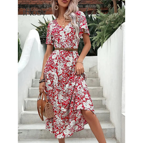 Sommarklänning Kvinnor 2023 ode Blommönster Print Lång Viskos Klänning Casual Hemma Fest Kontorsklänningar redfloral M