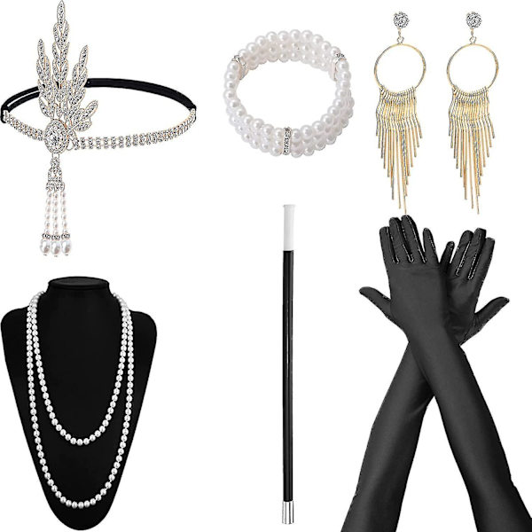 1920-talstillbehör för kvinnor, Gatsby-tillbehör Set Mode Roaring 20-tals set, 7 st Pannband Långa Svarta Handskar Halsband Örhängen För Dam style A