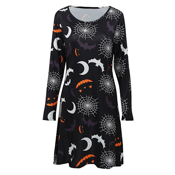 Ny Kvinde Halloween Kjole Græskar Flagermus Print Langærmet Rundhalset Party A-Line Skater Flare Mini Flare Kjole, Model:4-M