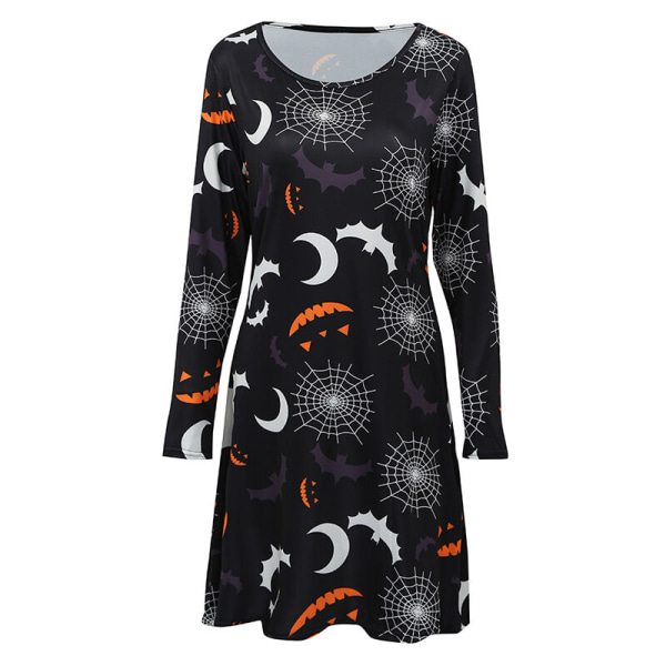 Ny Kvinna Halloween Klänning Pumpa Fladdermöss Print Långärmad Rundhalsad Party A-Line Skater Flare Mini Flare Klänning,Modell:4-M