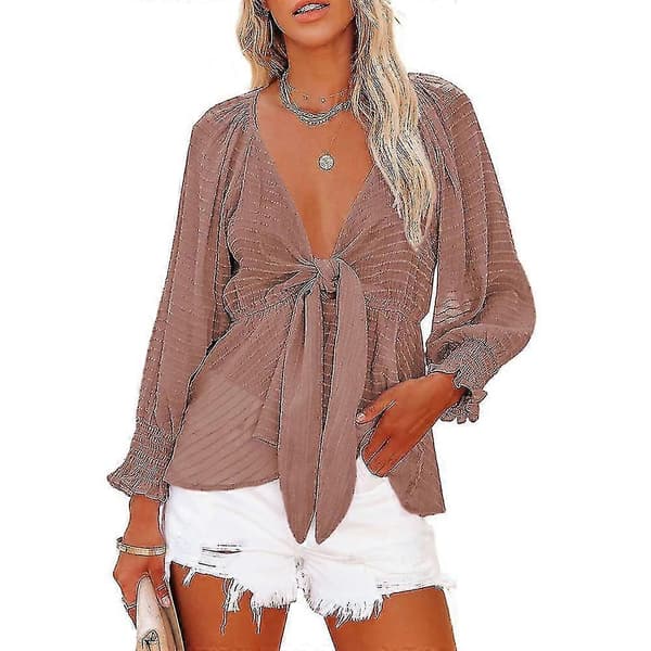 Bxhd Dam Långärmade Boho-skjortor Djup V-ringning Framtill Knytknut Peplum Blusar Toppar Jp