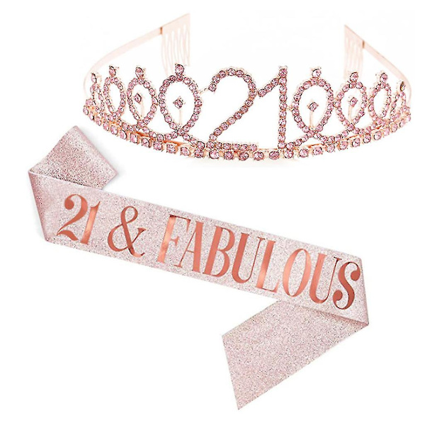 Kvinnor glittrande Rhinestone Brev Print Sash Tiara Set födelsedag Rose Gold 21 år gammal