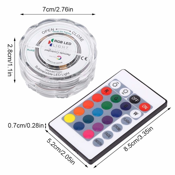 Dränkbara 10 LED-lampor, RGB Multicolor Vattentät med IR-fjärrkontroll till jul Halloween Fountain Pool Vas Bröllopsfest Fisktankdamm