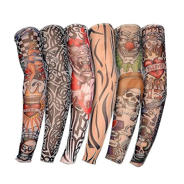 Arm Tatoveringsærmer, 6-pak Mænd Fake Midlertidig Tatovering Nylon Armstrømper Elastisk Biker Sleevelet Til Halloween