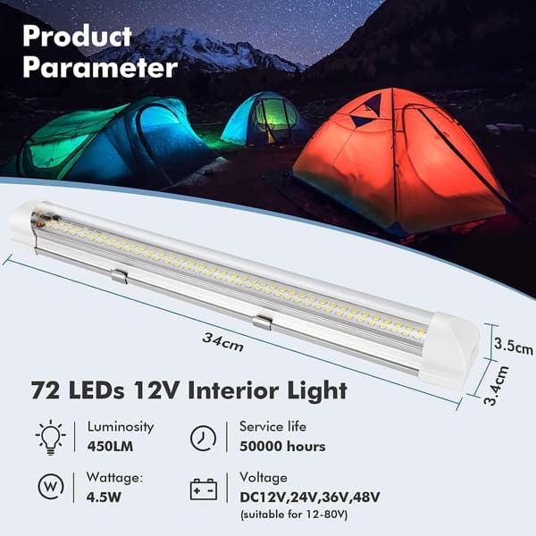 *12V LED interiørlysstang lyse billykter 72LEDs med av/på-bryter*